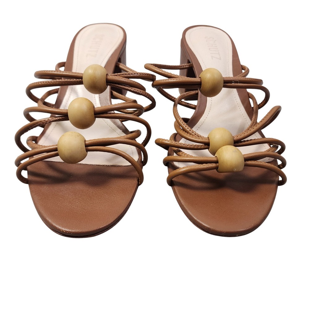 Schutz Womens Roanna Strappy Wood-Bead Slide Sandals Brown‎ Block Heel - Picture 3 of 11